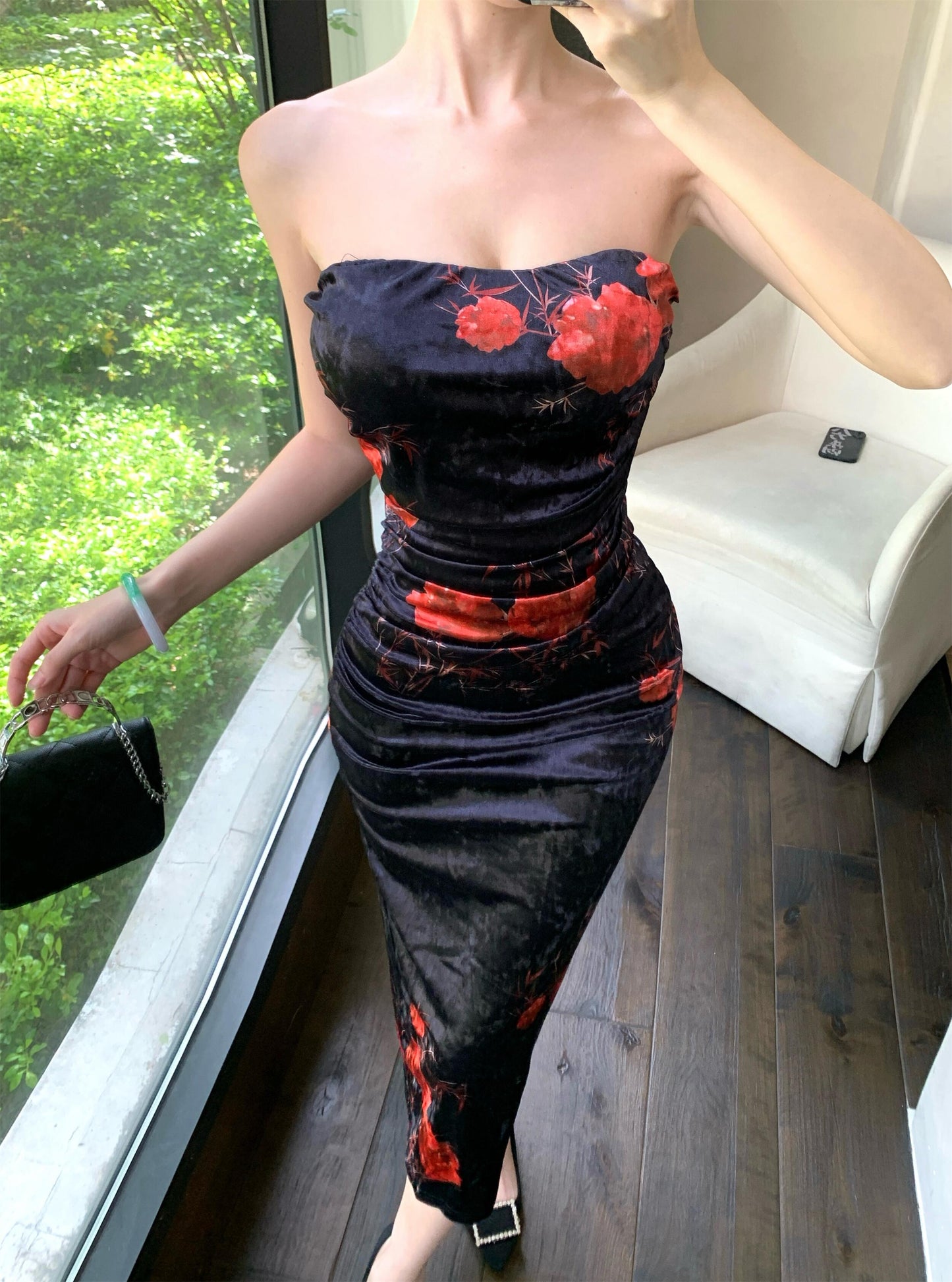 Chic Floral Print Strapless Midi Skirt Vintage Backless Sheath Ruched Long Dress AP3752