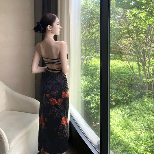 Chic Floral Print Strapless Midi Skirt Vintage Backless Sheath Ruched Long Dress AP3752