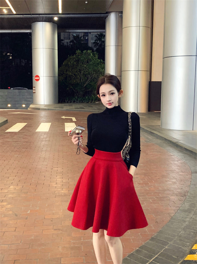 Elegant Red & Black 2-Piece Set A-Line Mini Skirt Chic Fitted Blouse High Collar Long Sleeve Short Dress AP3756