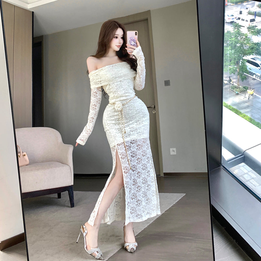 Fantastic Off-Shoulder Long Sleeve Evening Maxi Dress Glam Lace Splicing Sheath Slit Long Dress AP3758