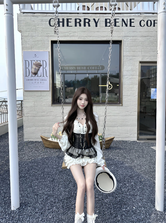 Ethereal A-Line Cinched-Waist Tiered Mini Skirt Cute V Neck Long Sleeve Lace Tulle Splicing Short Dress AP3764