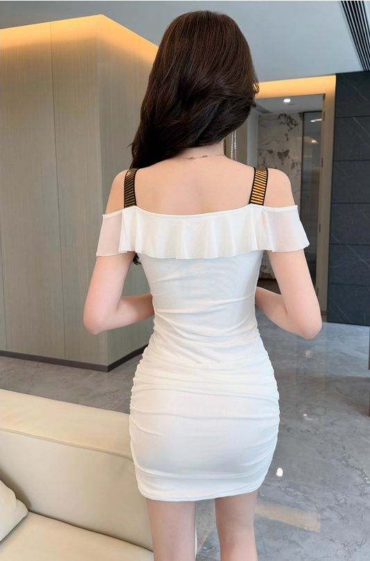 Glam Off-Shoulder Ruffles Trim White Mini Skirt Elegant Sequins Design Bodycon Short Dress AP3767