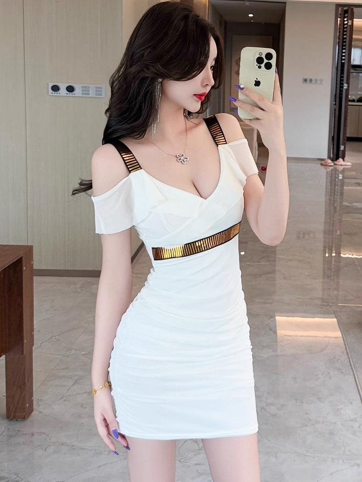 Glam Off-Shoulder Ruffles Trim White Mini Skirt Elegant Sequins Design Bodycon Short Dress AP3767