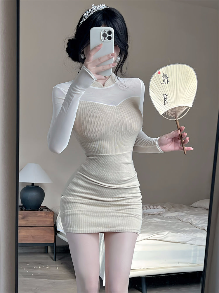 Novelty High Collar Sheer Tulle Splicing Mini Skirt Glam Long Sleeve Knitted Bodycon Short Dress AP3771