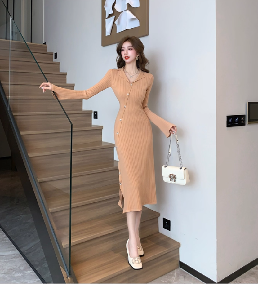 Fashionable V Neck Fitted Long Sleeve Midi Dress Gorgeous Sheath Knitted Evening Long Dress AP3773