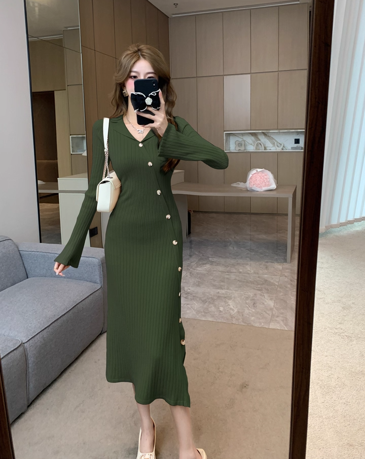 Minimalist Sheath Knitted Slit Midi Dress Casual V Neck Long Sleeve Evening Long Dress AP3775