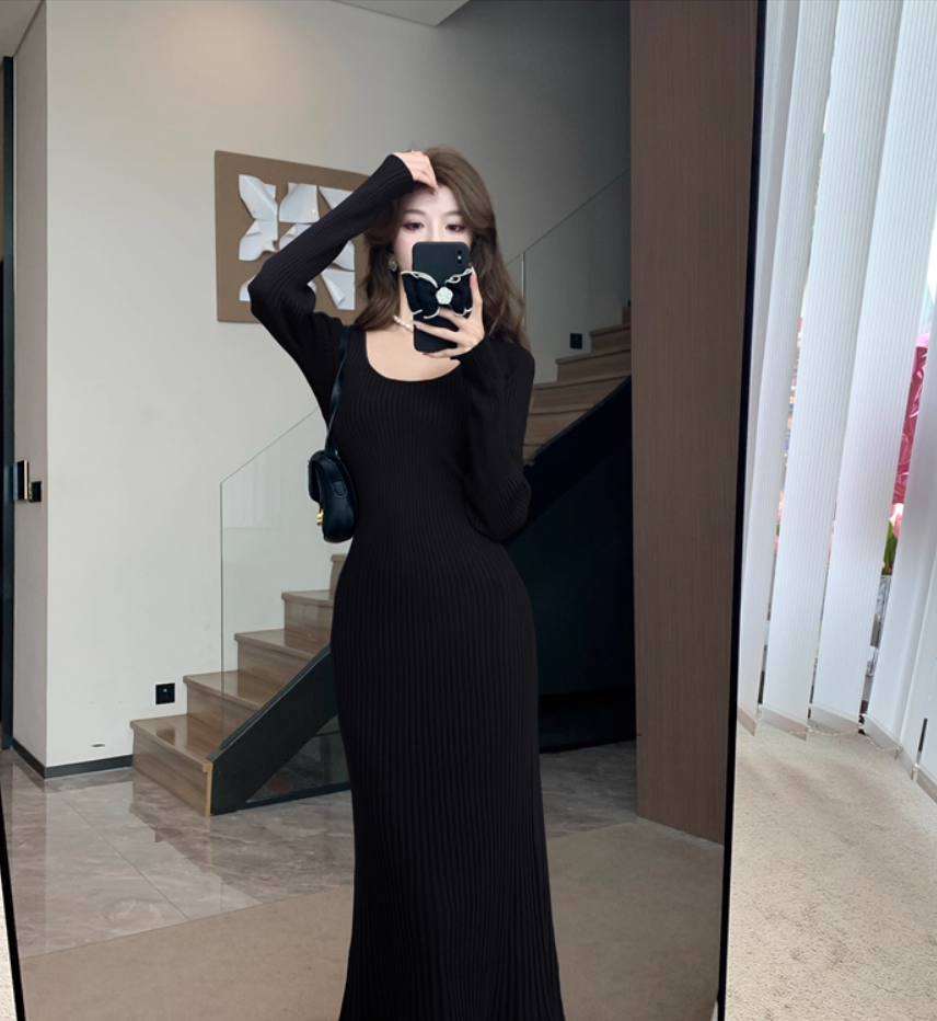 Dopamine Style Jewel Neck Knitted Black Evening Midi Dress Fashionable Long Sleeve Sheath Long Dress AP3778
