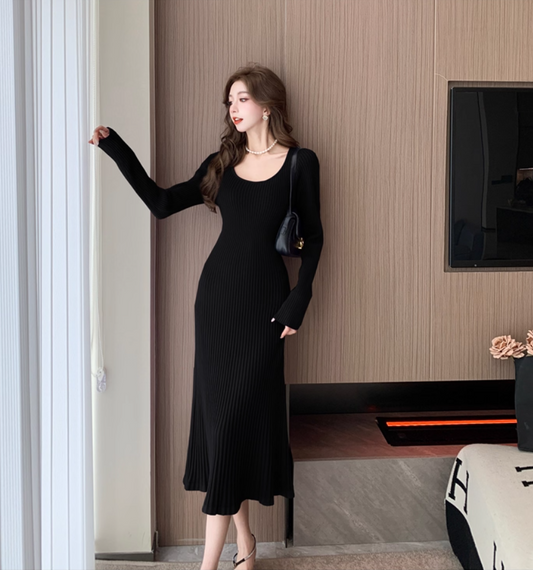 Dopamine Style Jewel Neck Knitted Black Evening Midi Dress Fashionable Long Sleeve Sheath Long Dress AP3778