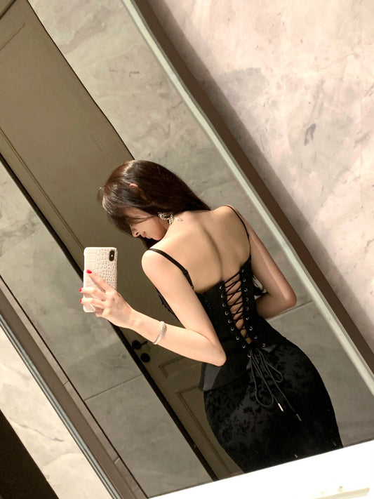 Flattering 2-Piece Set Sheath Black Floral Print Tulle Maxi Dress French-Inspired Spaghetti Strap Bodice Lace-Up Long Dress AP3783