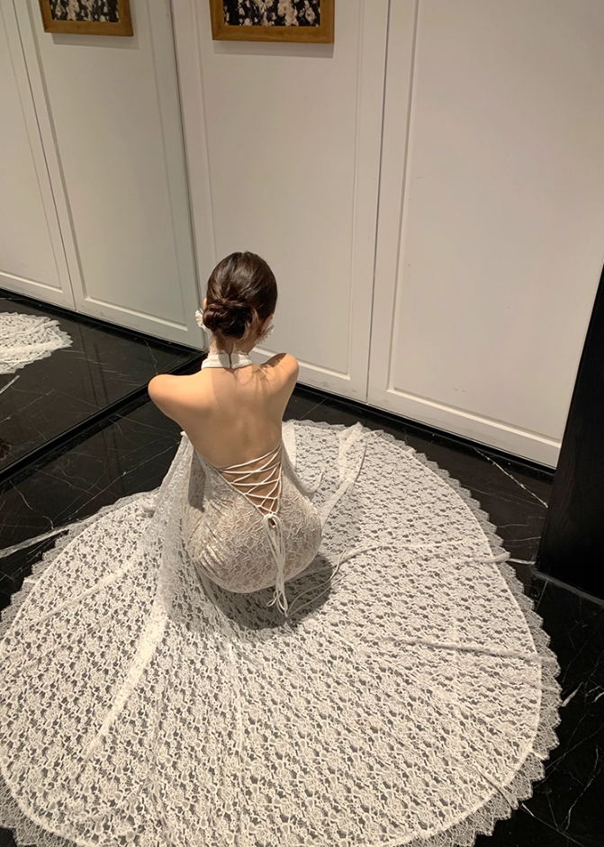 Trendy Mermaid White Lace Splicing Maxi Dress Romantic Backless Lace-Up Long Train Halter Long Dress AP3784