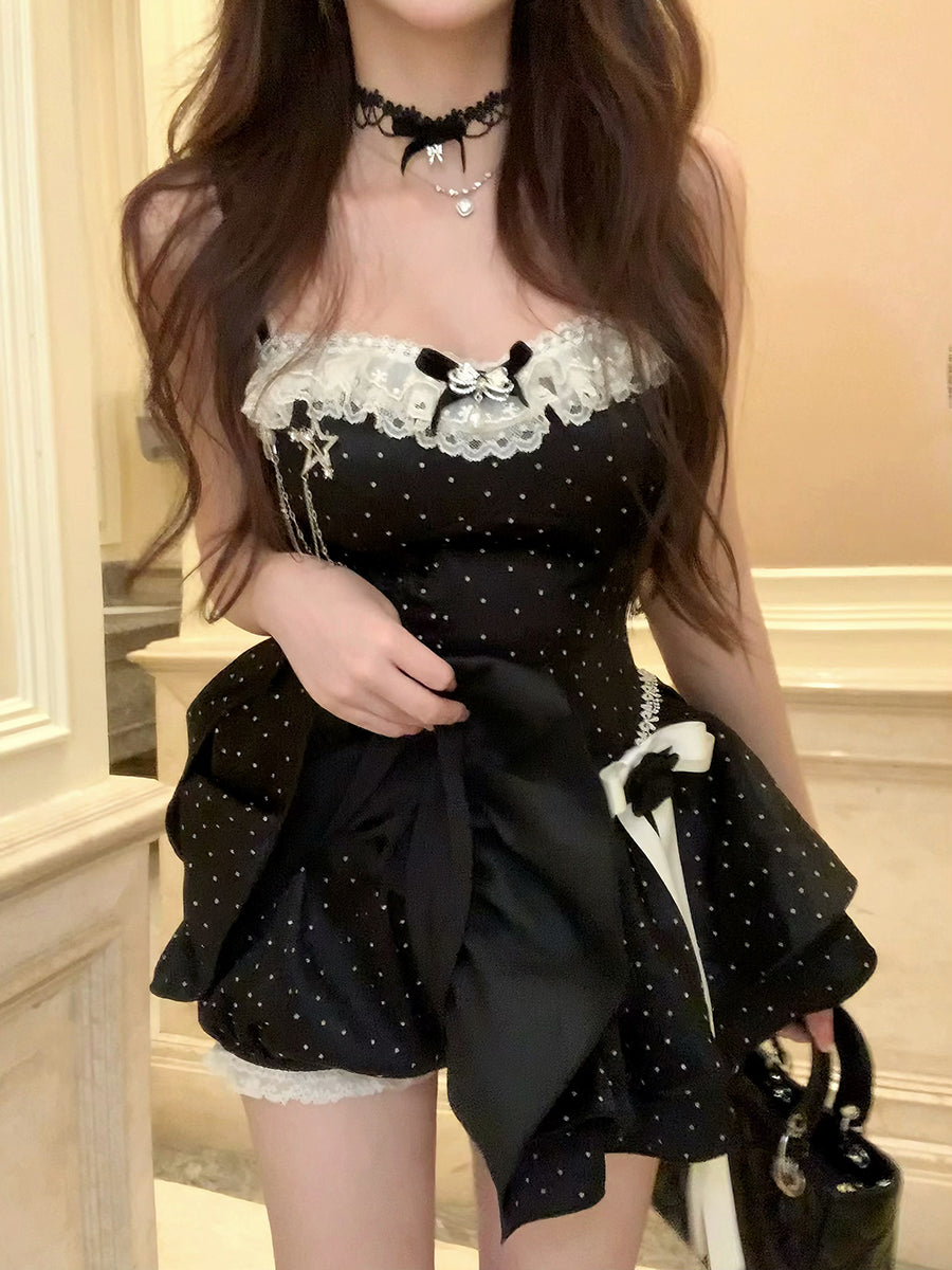 Modern Polka Dots A-Line Party Outfit Tiered Mini Skirt Playful Lace Bows Spaghetti Strap Short Dress AP3788