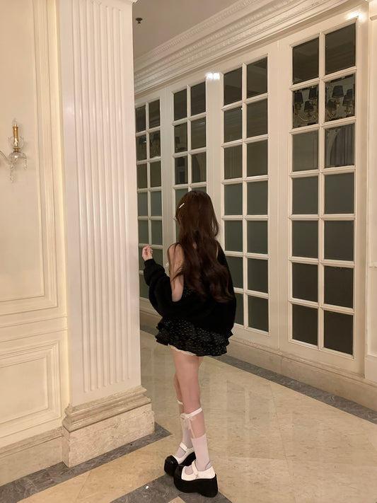 Modern Polka Dots A-Line Party Outfit Tiered Mini Skirt Playful Lace Bows Spaghetti Strap Short Dress AP3788