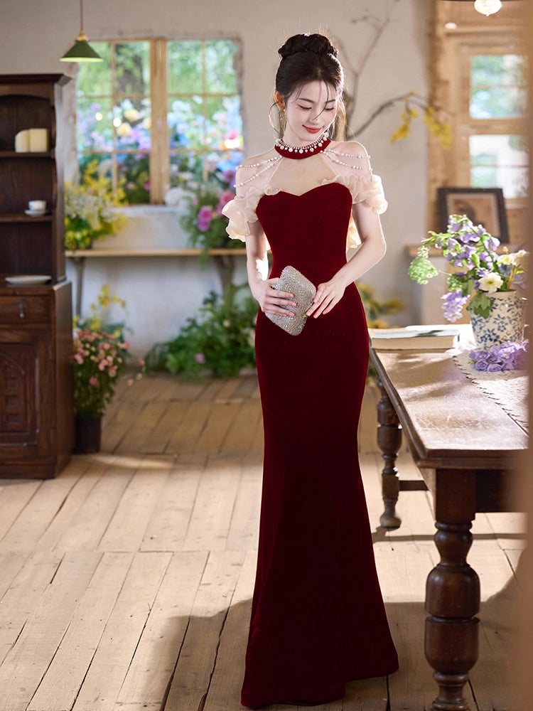 Glittering Red Velvet Mermaid Maxi Dress Elegant Sheer Tulle Splicing Beading Halter Long Dress AP3789