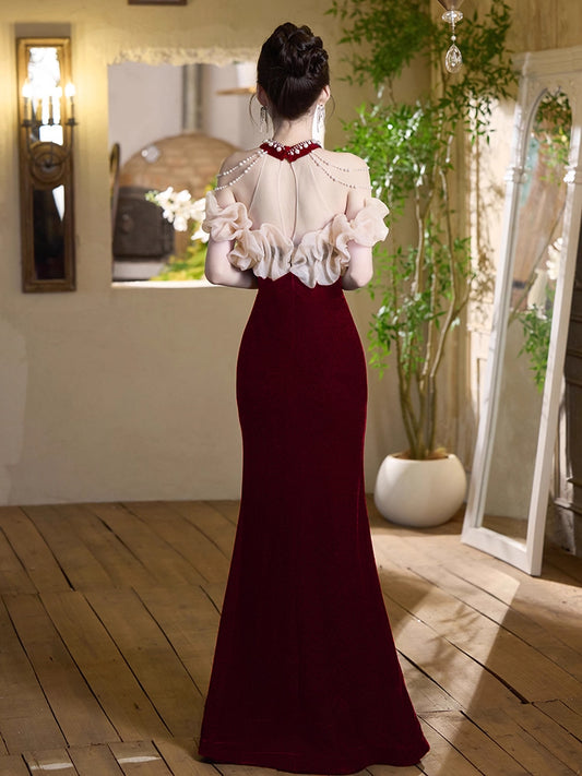 Glittering Red Velvet Mermaid Maxi Dress Elegant Sheer Tulle Splicing Beading Halter Long Dress AP3789