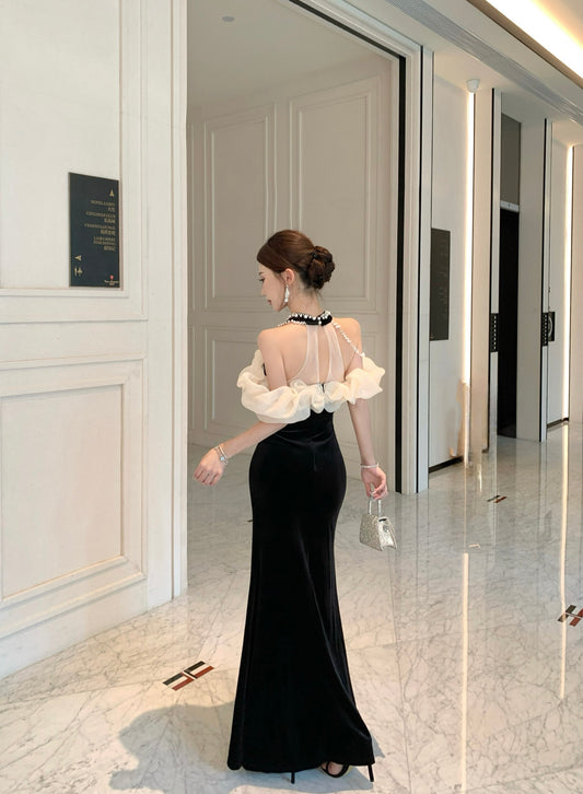 Princess Sheer Tulle Splicing Mermaid Evening Maxi Dress Glittering Beading Black Velvet Halter Long Dress AP3790