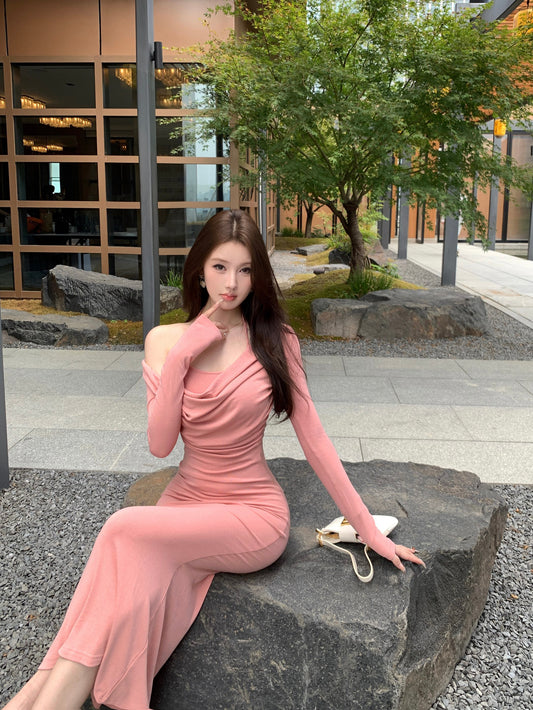 Pretty Draped Off Shoulder Long Sleeve Maxi Dress Pink Mermaid Evening Long Dress AP3791