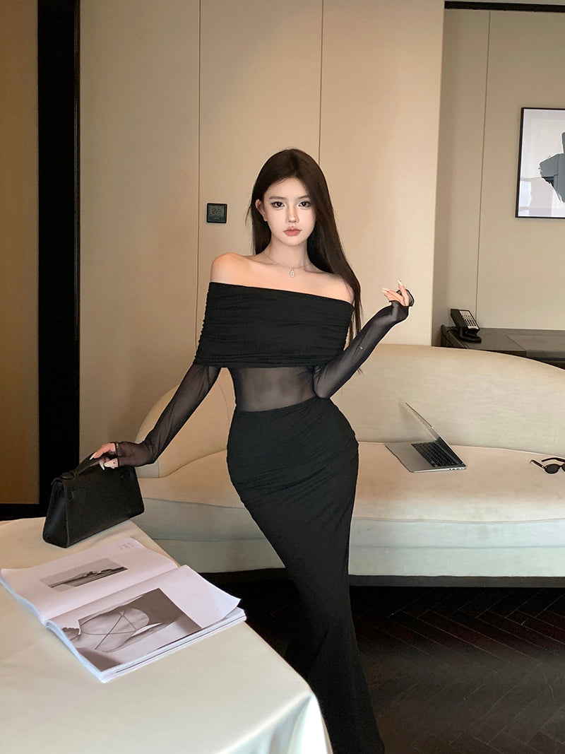 Hottie Long Sleeve Splicing Tulle Evening Maxi Dress Dreamy Off Shoulder Black Mermaid Long Dress AP3797