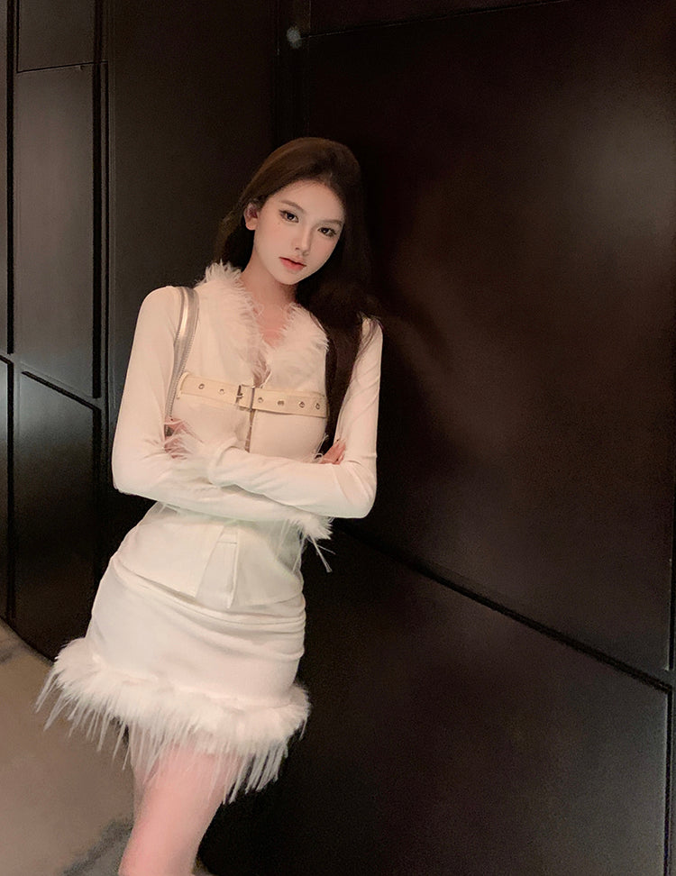 Casual V-Neck 2-Piece Set White Mini Skirt Vogue Feather Trim Belt Design Long Sleeve Bodycon Short Dress AP3798