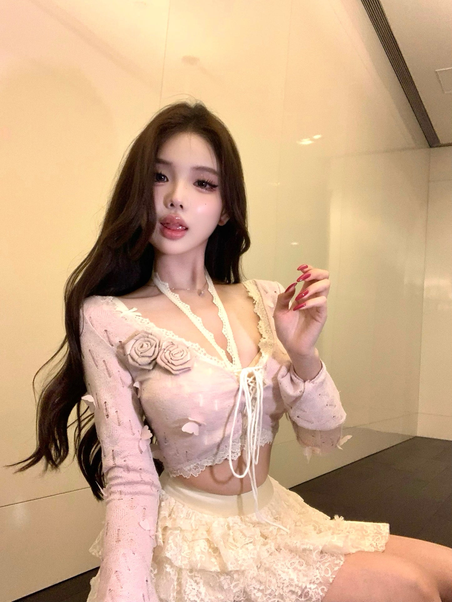 New Tendency V-Neck 3-Piece Set Mini Skirt Sweet 3D Floral Long Sleeve A-Line Tiered Short Dress AP3800