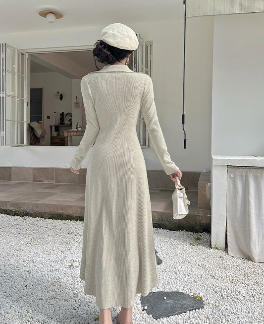 Refined V Neck Knitted Maxi Dresses Lovely A-Line Long Sleeve Threaded Long Dress AP3805