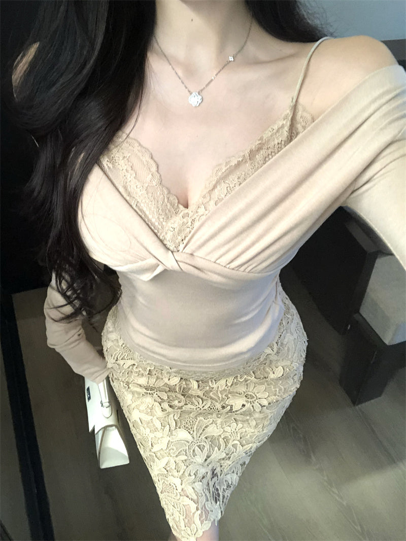 Amazing Long Sleeve Lace Splicing Mini Dress Refined Off Shoulder 2-Piece Set Sheath Short Dress AP3810