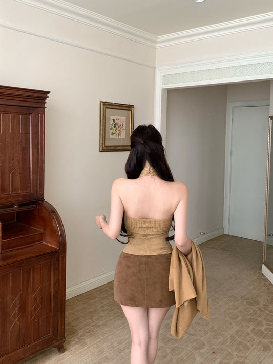 Chic Bodycon Ribbed Cinched-Waist Mini Skirt Vintage 2-Piece Set Halter Short Dress AP3818