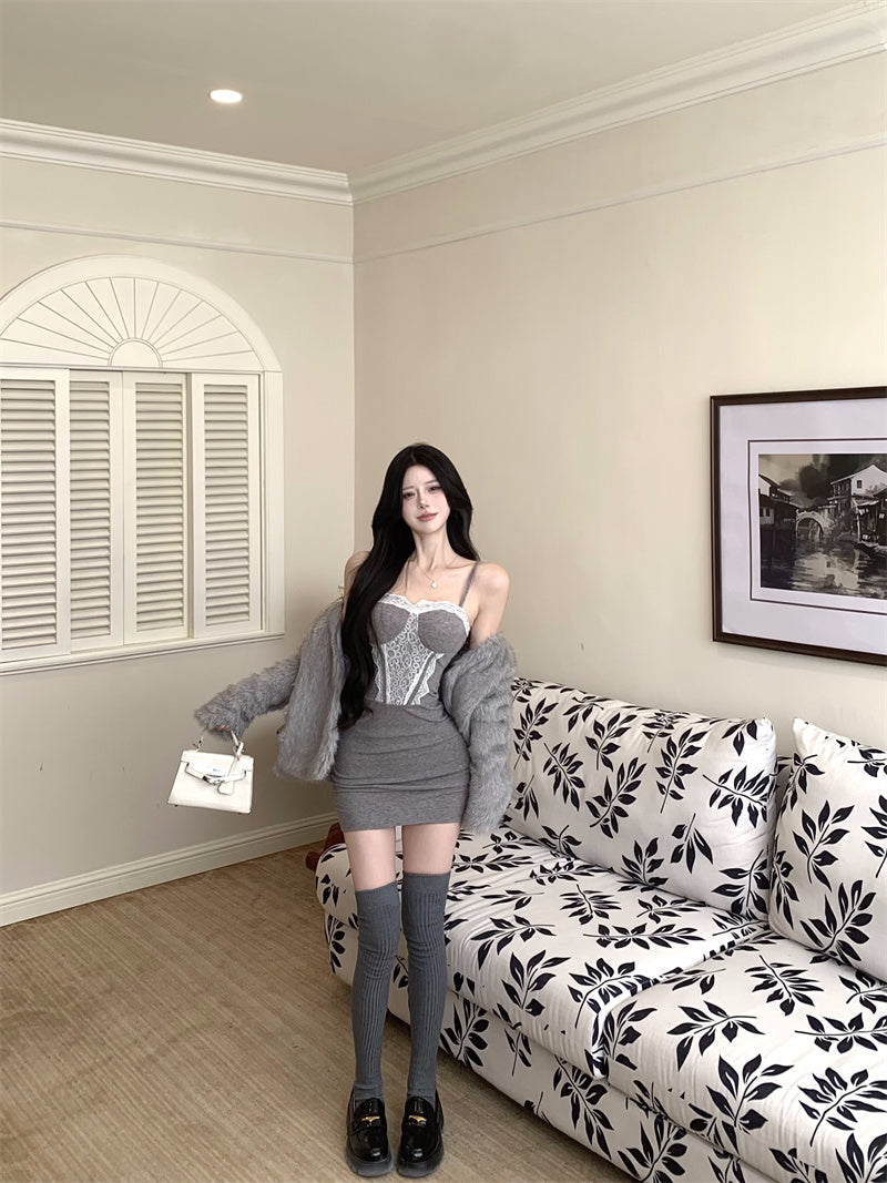 Luxury Lace Trim Spaghetti Strap Mini Skirt Casual Bodycon Grey Short Dress AP3820