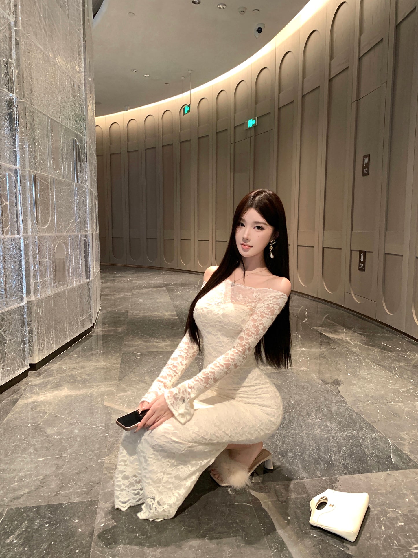 Graceful Long Sleeve Lace Splicing Evening Maxi Dress Fairy Off Shoulder Sheath Slit Long Dress AP3821