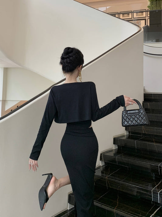 Elegant Long Sleeve Black 3-Piece Set Evening Maxi Dress Fitted Strapless Side Slit Cutout Sheath Long Dress AP3822