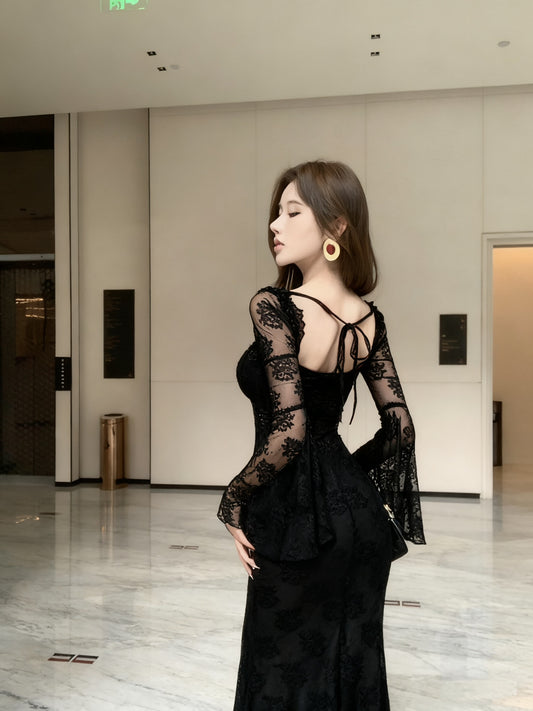 Fantastic Black Lace Long Bell Sleeve Maxi Dress French Style Square Neck Mermaid Evening Long Dress AP3824