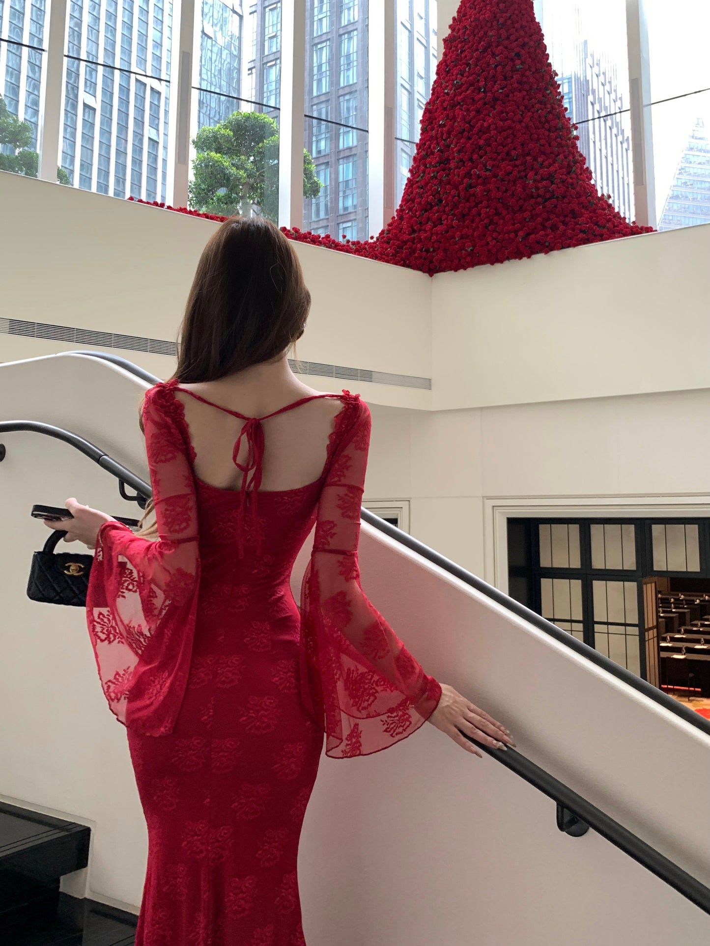 Sweet Square Neck Mermaid Maxi Dress Hottie Red Lace Long Bell Sleeve Evening Long Dress AP3825