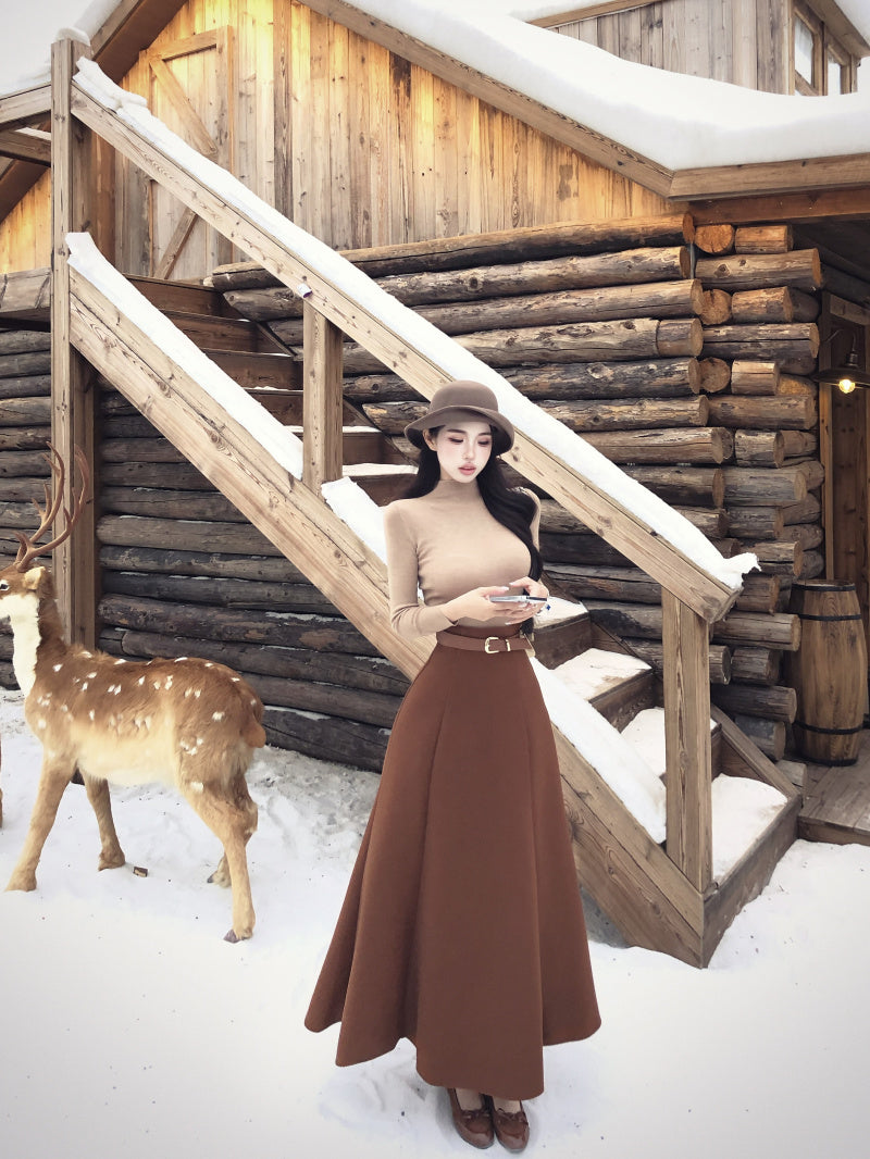 Cute 2-Piece Set High Collar Maxi Dresses Retro A-Line Long Sleeve Long Dress AP3826