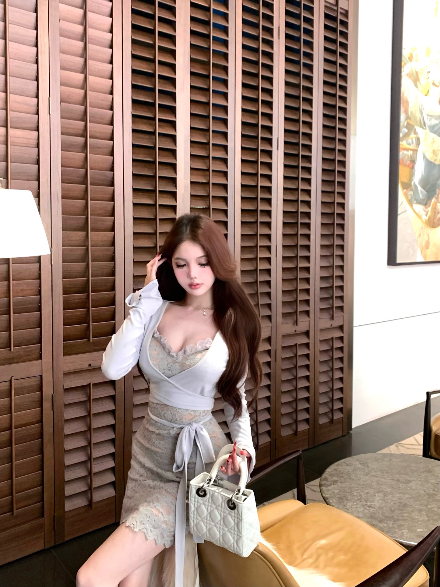 Dreamy Lace Splicing Ruffles Square Neck Mini Skirt Glam Long Sleeve Bodycon Short Dress AP3829