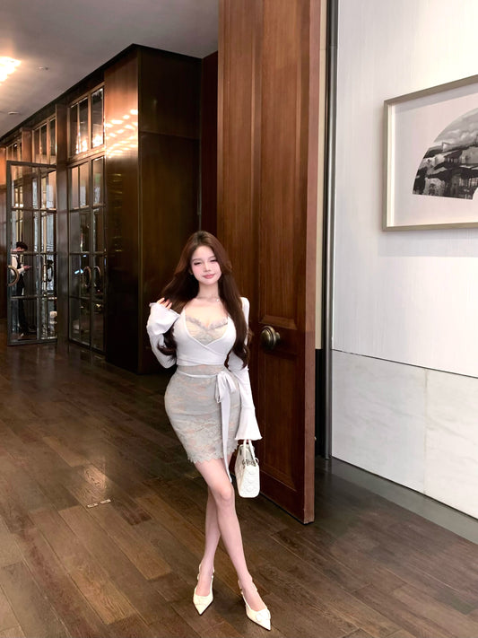 Dreamy Lace Splicing Ruffles Square Neck Mini Skirt Glam Long Sleeve Bodycon Short Dress AP3829