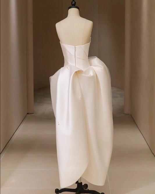 Glamorous A-Line Strapless Engagement Gowns Sweet Beads Satin Tulle Gathered Wedding Dress AP3833