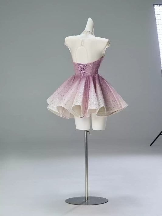 Charming A-Line Jewel Neck Short Sleeve Birthday Gowns Delicate Crystals Sequins Beading Splicing Tulle Homecoming Dress AP3842