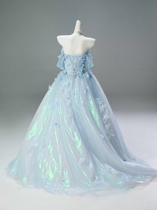 Adorable A-Line Off-Shoulder Pleated Evening Gowns Dreamy Sequins Handmade Flowers Ruffles Prom Dress AP3845