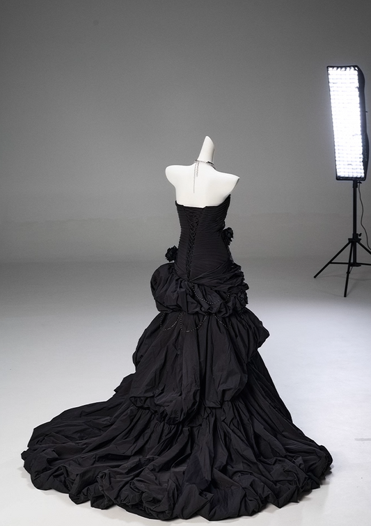 Trendy Strapless Mermaid Tiered Evening Gowns Black Handmade Flowers Beading Pleated Prom Dress AP3850