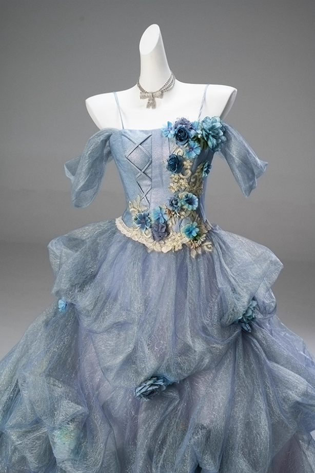 Attractive A-Line Off-Shoulder Evening Gowns Appliques Handmade Flowers Ruched Tulle Prom Dress AP3851