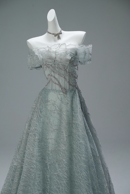 Modern A-Line Off-Shoulder Evening Gowns Exquisite Sequins Crystals Ruffles Tulle Prom Dress AP3855