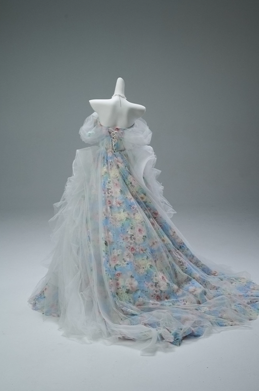 Princess A-Line Off-Shoulder Floral Print Evening Gowns Adorable Handmade Flowers Beading Layered Tulle Prom Dress AP3856