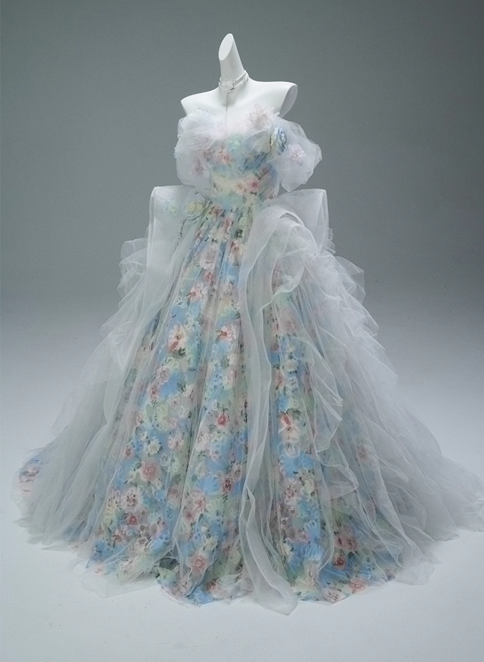 Princess A-Line Off-Shoulder Floral Print Evening Gowns Adorable Handmade Flowers Beading Layered Tulle Prom Dress AP3856