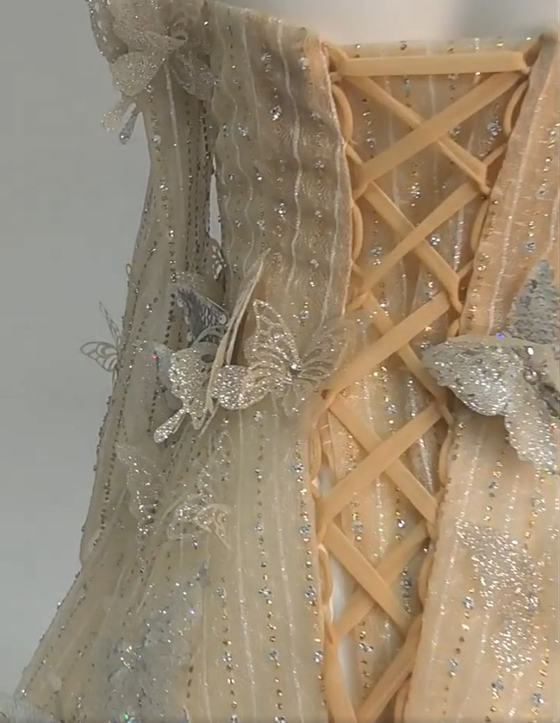 Casual A-Line Off-Shoulder Evening Gowns French-Inspired Sequins Beads Butterflies Long Sleeve Prom Dress AP3864