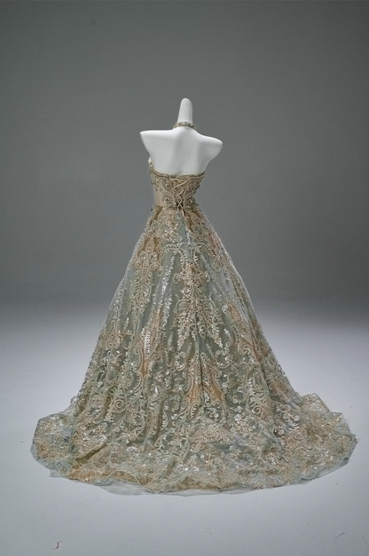 Fairy A-Line Strapless Sweet 16th Gowns Maximalism Sequins Beads Lace Crystals Appliques Prom Dress AP3866