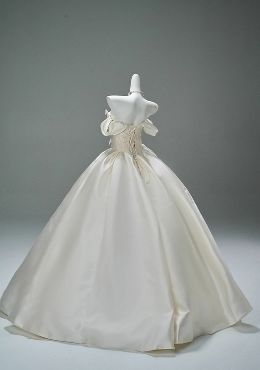 Lovely Off-Shoulder A-Line Bridal Gowns Artistic Beading Pearls Bow Satin Wedding Dress AP3869