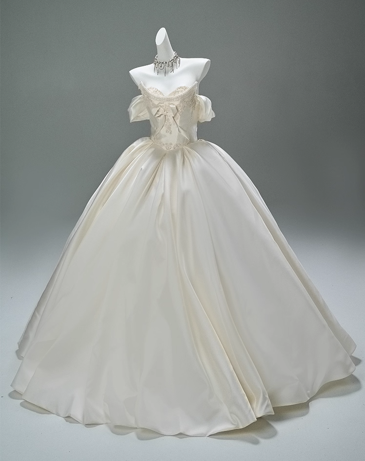 Lovely Off-Shoulder A-Line Bridal Gowns Artistic Beading Pearls Bow Satin Wedding Dress AP3869