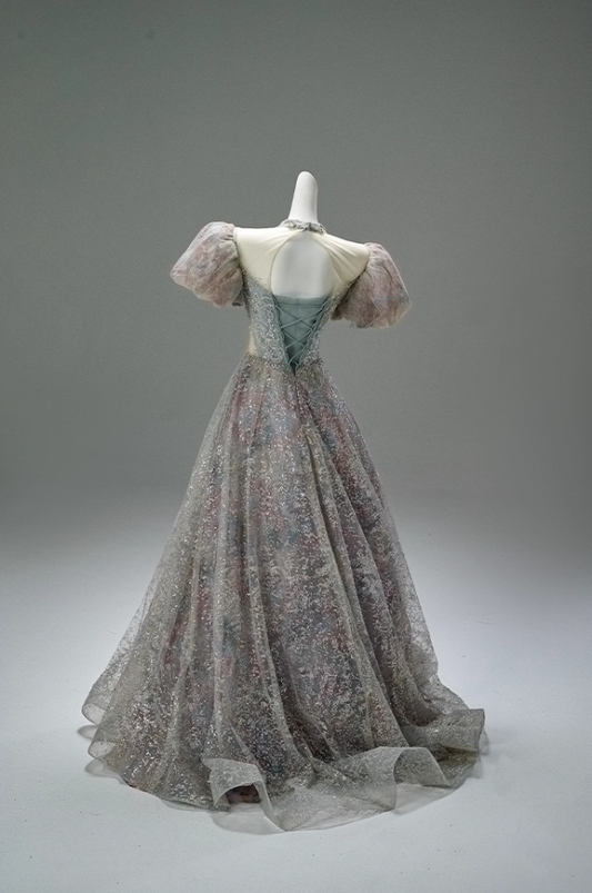 Wonderful A-Line Illusion Neck Sweet 16 Formal Dresses Bling Sequins Crystals Short Sleeve Prom Dress AP3873