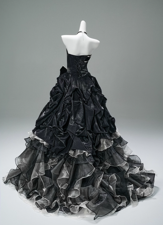 Ornate A-Line Strapless Ruffles Sweet 16th Gowns Bows Beads Tulle Tiered Prom Dress AP3880