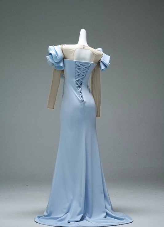 Fabulous Illusion Neck Sheath Pleated Evening Gowns Sweet Long Sleeve Sequins Crystals Ruffles Prom Dress AP3881