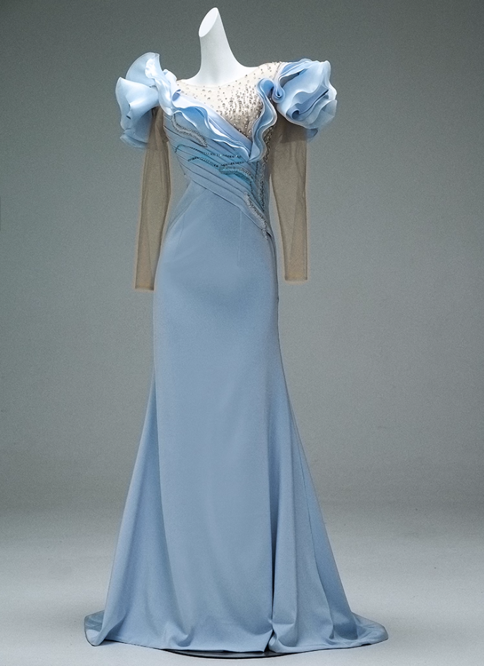 Fabulous Illusion Neck Sheath Pleated Evening Gowns Sweet Long Sleeve Sequins Crystals Ruffles Prom Dress AP3881